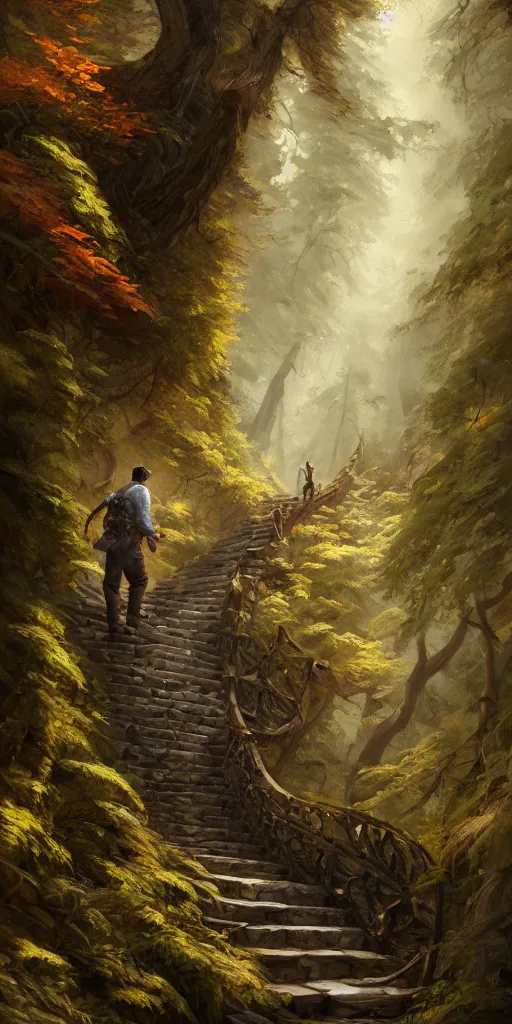 Image similar to a man walking up a steep and winding staircase, in beautiful woods, intricate, elegant, highly detailed, oil painting, artstation, concept art, sharp focus, beautiful illustration, society, by justin gerard and artgerm, 4 k