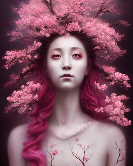 Image similar to Full View Portrait Mystical ethereal Cherry Tree deity made of Sakura blossoms wearing beautiful dress, Sakura Dryad made of Sakura beautiful dress with pink hair, 4k digital masterpiece by Tom Bagshaw and Alberto Seveso, in the style of Ruan Jia, fantasycore, Hyperdetailed, realistic oil on linen, soft lighting, Iconography background, featured on Artstation