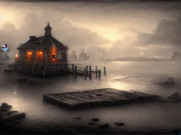 Prompt: a forgotten wharf on a cold sea by zacharias aagaard and magali villeneuve and ruth deckard and hubert robert, crisp details, hyperrealism, high contrast, low light, bokeh, short focal length, desaturated, grey mist, cobblestones, orange candle flames