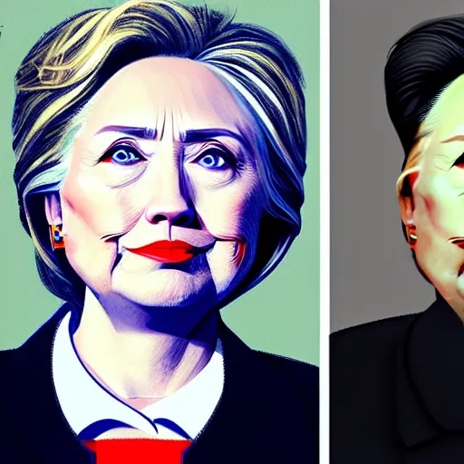 Prompt: UHD photorealistic Hillary Clinton dressed as Kim Jung Un, in the style of tonalism by Greg Rutkowski, trending on Artstation, hyperrealistic, correct details, symmetrical faces