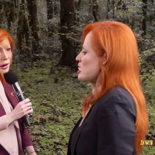 Image similar to stunning live footage of news anchorwoman liz claman reporting from lothlorien interviewing arwen, lord of the rings movie, by daniella zalcman, directed by peter jackson, highly detailed, canon eos r 3, f / 1. 4, iso 2 0 0, 1 / 1 6 0 s, 8 k, raw, symmetrical balance