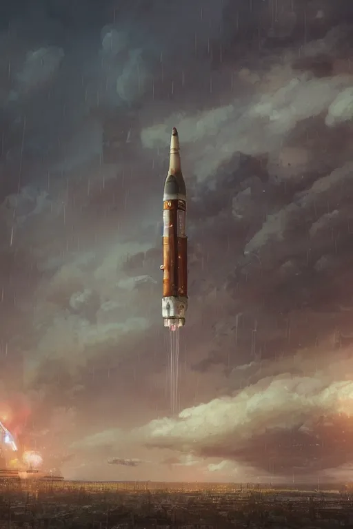 Prompt: a highly detailed matte painting of a soviet steampunk rocket launch in lightning storm and heavy rain by studio ghibli, makoto shinkai, by artgerm, by wlop, by greg rutkowski, volumetric lighting, octane render, 4 k resolution, trending on artstation, masterpiece