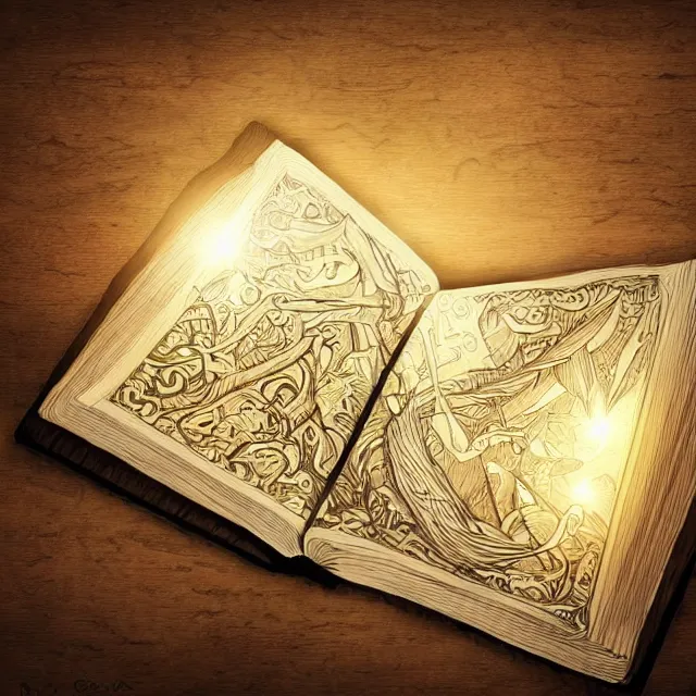 Prompt: a glowing open book laying on a wooden desk, fantasy concept art, fantasy book cover, highly detailed, intricate drawing