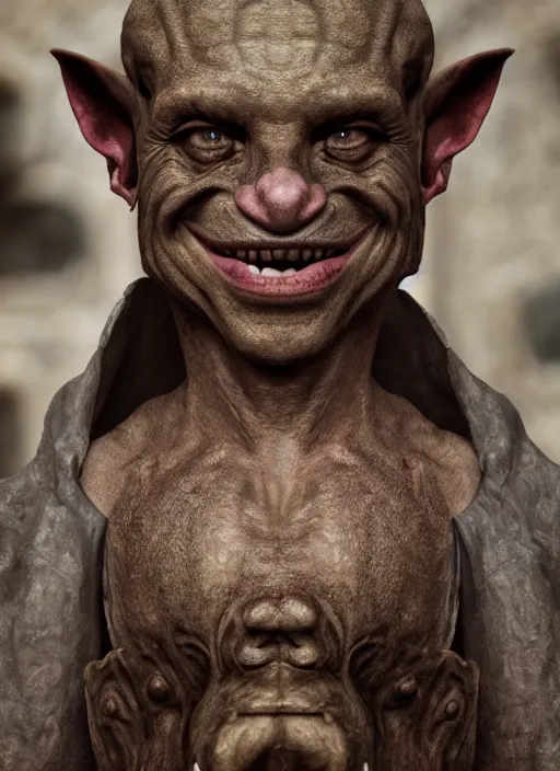 Image similar to closeup portrait of a medieval goblin in the cloisters, selfie style, depth of field, zeiss lens, detailed, symmetrical, centered, fashion photoshoot, by annie leibovitz and steve mccurry, david lazar, jimmy nelsson, breathtaking, 8 k resolution, extremely detailed, beautiful, establishing shot, artistic, hyperrealistic, beautiful face, octane render