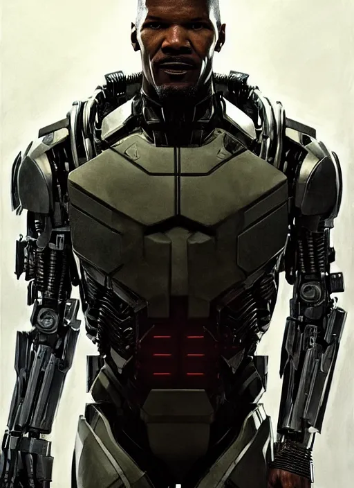 Prompt: jamie foxx as victor stone, full body concept, cyborg, borg, strogg, face of a man, terminator, flesh, quake strogg, doom demon, wolfenstein, monstrous, powerful, symmetry, symmetrical, concept art by ruan jia and greg rutkowski