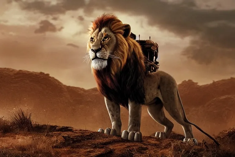 Image similar to scar ( from the lion king ), heavily armed and armored facing down armageddon in a dark and gritty version from the makers of mad max : fury road : witness me