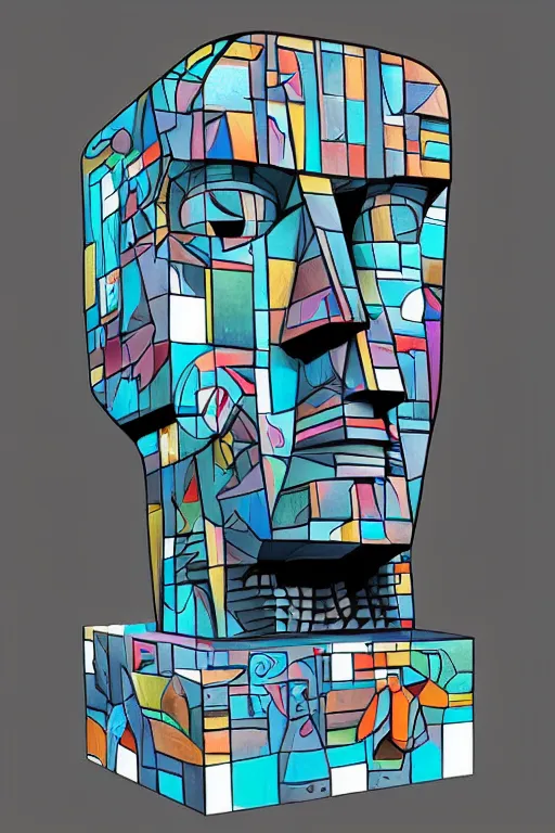 Image similar to cubist moai statue cutout digital illustration cartoon colorful beeple