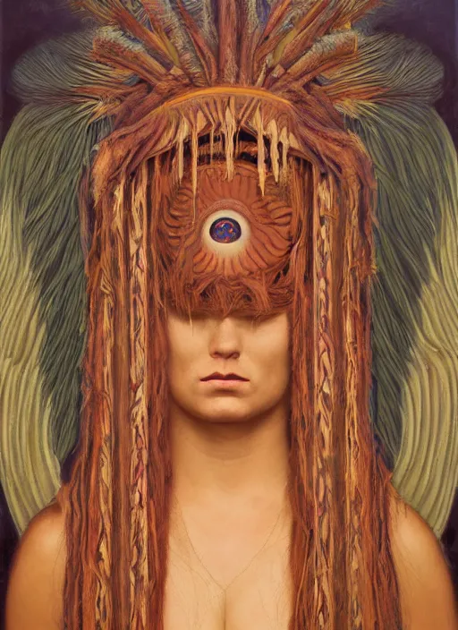 Image similar to Ayahuasca tripping cult magic psychic woman, subjective consciousness psychedelic, occult ritual, dark witch headdress, oil painting, robe, symmetrical face, greek dark myth, by John William Godward, Sean yoro, Anna Dittman, masterpiece