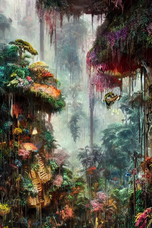 Image similar to the beauty of the jungle painted by mahmoud farshchian, mia brownell, very detailed, maximalism, ambient occlusion, volumetric light, atmospheric haze, hyper realism, cyberpunk shading, cinematic composition, realistic render, photorealistic, wide shot