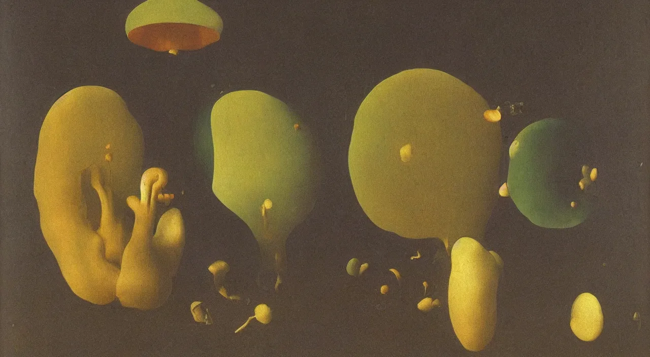 Prompt: one single! fungus in an empty! space. painting by jan van eyck, audubon, rene magritte, agnes pelton, max ernst, walton ford, high contrast!!, dark shadows, sunny day, white background, hard lighting, masterpiece