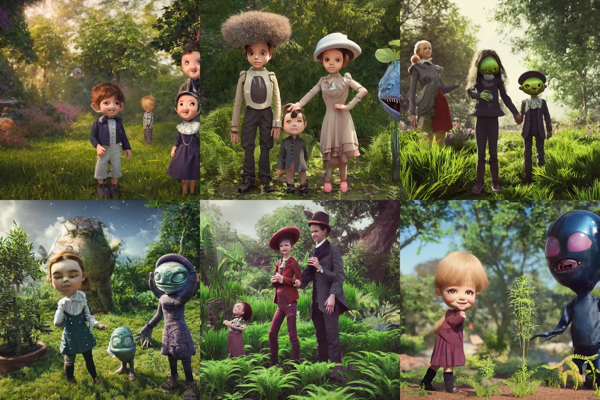 Prompt: a girl and a boy and a cute alien creature standing next to some alien plants, in a park on a alien planet, looking happy, wearing victorian clothes, ultra realistic facial details, enhanced faces, ultra photorealistic raytracing, 8k