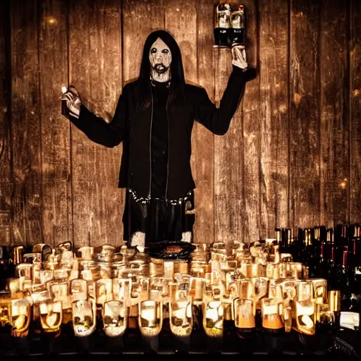 Image similar to swedish black metal band with bright 5 l bottle of beer, all black cyberpunk clothes, futuristic, realistic, promo photograph, epk, in a room full of candles, high quality, highly detailed