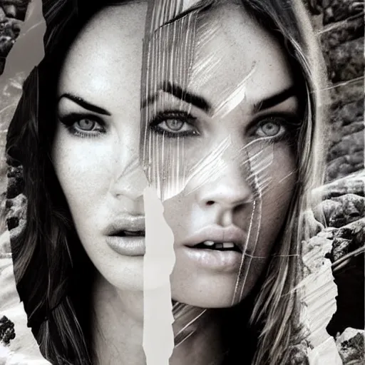 Prompt: double - exposure effect of megan fox face in beautiful mountains, in the style of dan mountford, amazing detail, black and white