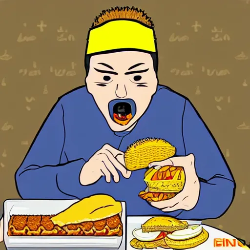 Image similar to Satoshi Nakamoto eating a cheeseburger, photo realistic, award-winning, highly-detailed, epic, cinematic, dramatic