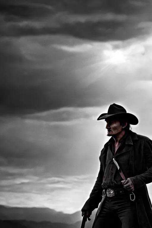 Image similar to cinematic of liam neeson cowboy, dramatic, moody lighting