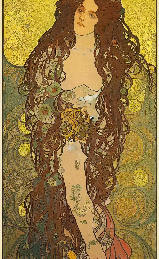 Image similar to a combination of the art styles of Alphonse Mucha and Gustav Klimt, faded colors