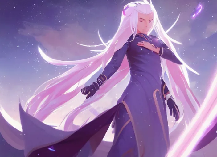 Image similar to a female space mage with long white hair, star guardian inspired, perfect art, trending on pixiv, painted by greg rutkowski makoto shinkai takashi takeuchi, akihiko yoshida