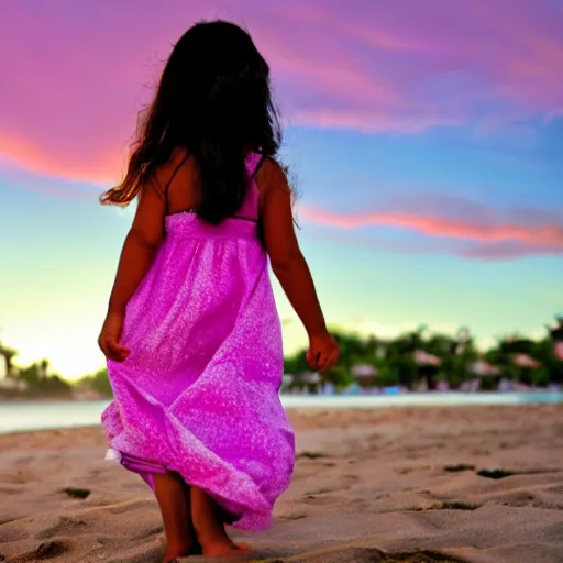 Prompt: latino girl on the beach playing the conga’s with an purple pink sunset