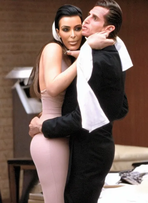 Image similar to film still of kim kardashian hugging Patrick Bateman in American Psycho.