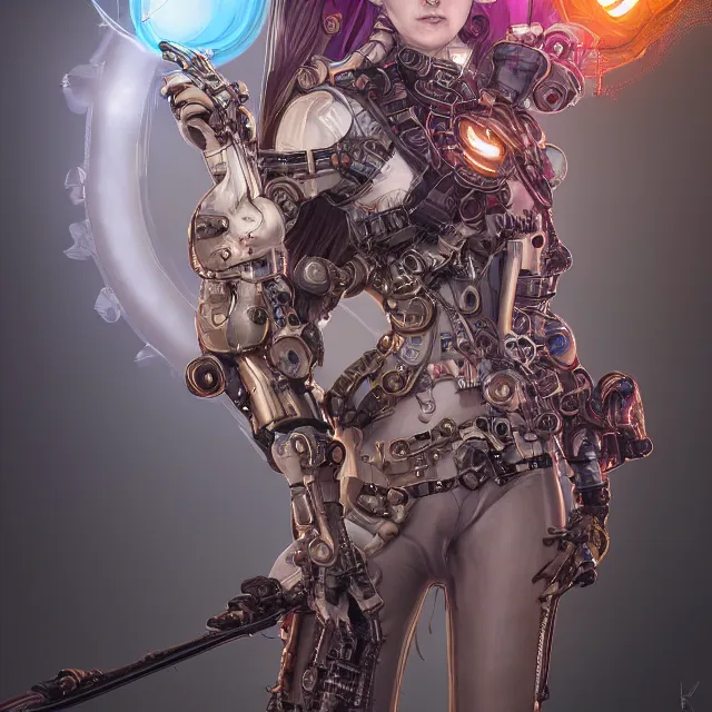 Image similar to the portrait of true neutral semi - colorful female cyborg mechanist as absurdly beautiful, gorgeous, elegant, young woman looking up, an ultrafine hyperdetailed illustration by kim jung gi, irakli nadar, intricate linework, bright colors, octopath traveler, final fantasy, unreal engine 5 highly rendered, global illumination, radiant light, detailed and intricate environment