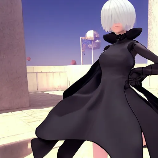 Image similar to Walter White cosplaying as 2B, Nier Automata, 2B's black dress, screenshot