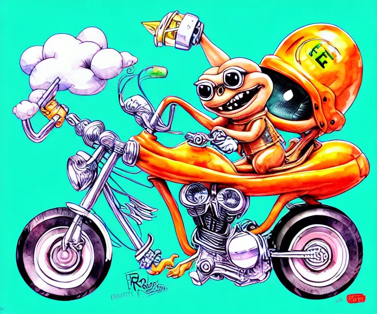 Image similar to cute and funny, pepe smiling wearing a helmet riding in a tiny hot rod harley with oversized engine, ratfink style by ed roth, centered award winning watercolor pen illustration, isometric illustration by chihiro iwasaki, edited by range murata, details by artgerm