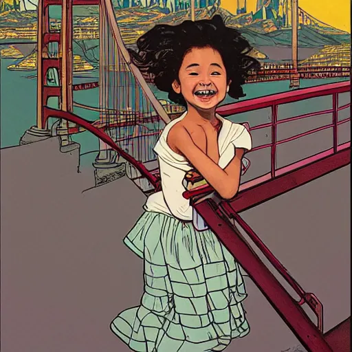 Image similar to a mixed race hapa five - year - old girl, dressed as a ballerina, balancing on the golden gate bridge, smiling into the camera, portrait, wide shot, sunset illustration, pop art, splash painting, art by geof darrow, ashley wood, alphonse mucha