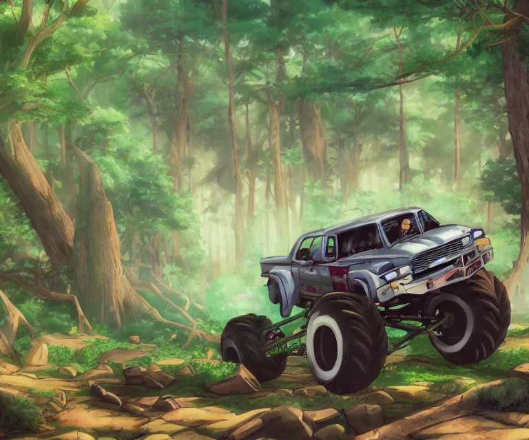 Image similar to monster truck in a forest, anime fantasy illustration by tomoyuki yamasaki, kyoto studio, madhouse, ufotable, comixwave films, trending on artstation