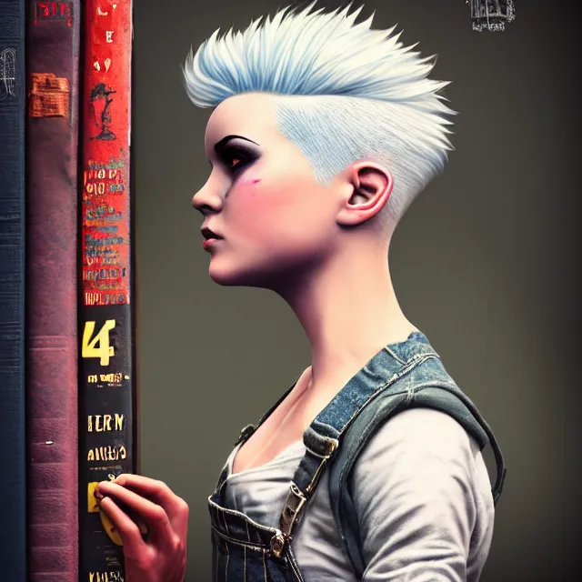 Image similar to full body pose, beautiful adult fairy, short white hair shaved sides, dirty, grungy, grunge, long sleeve, painted overalls, stacks of giant books, highly detailed, 4 k, hdr, smooth, sharp focus, high resolution, award - winning photo, artgerm, photorealistic