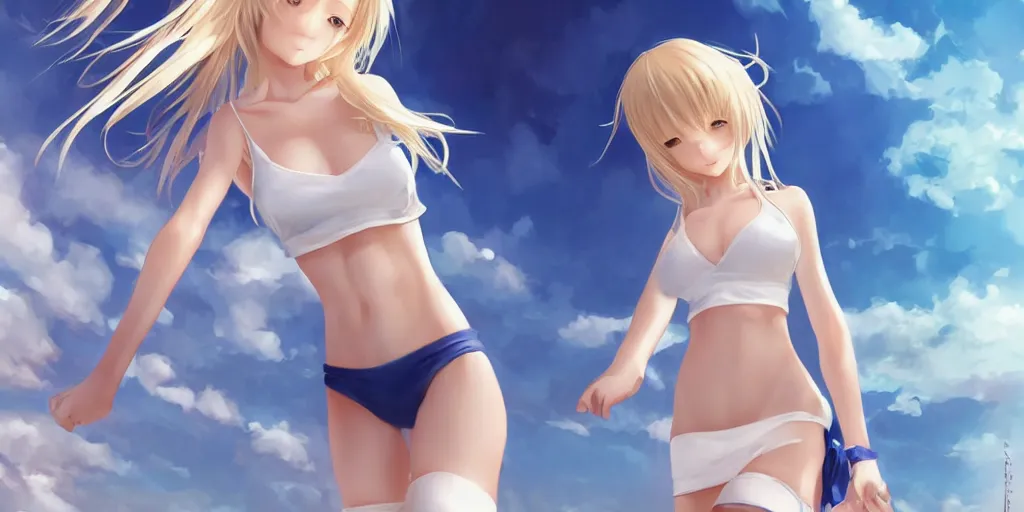Image similar to tiny father a tall daughter picture : a very beautiful young blond anime girl, sky blue eyes, bikini, white miniskirt, highly detailed, cinematic wallpaper by stanley artgerm lau