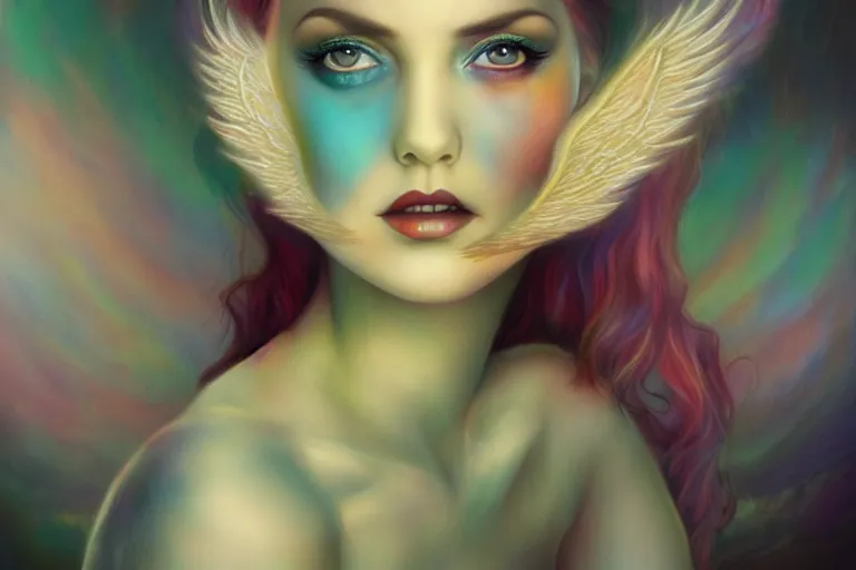 Image similar to pretty angel girl with wings photograph in the style of tom bagshaw, colorful, realistic, 8 k