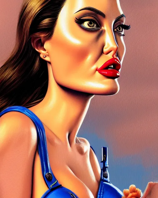 Image similar to closeup profile face profile portrait of a tin toy angelina jolie as a waitress in a diner, bikini, hyper realistic, artstation, illustration, concept art by bill ward, digital paint, matte paint, vivid colors, bright, cheerful, detailed and intricate environment