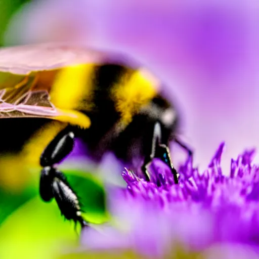 Image similar to surreal composite bumble bee made of flowers, pedicel legs, flower petal wings, siting on a finger, 5 0 mm lens, f 1. 4, sharp focus, ethereal, emotionally evoking, head in focus, volumetric lighting, blur dreamy outdoor