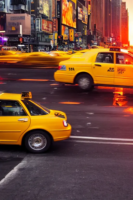 Image similar to yellow taxi cab in New York street from the back, very low angle, red back taillights, steam, sunset in the background, CGsociety, exquisite detail, post-processing, masterpiece, volumetric lighting, cinematic, hypermaximalistic, high details, cinematic, 8k resolution, beautiful detailed, insanely intricate details, sharp edges, smooth focus, low angle, tilted