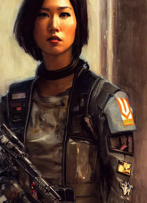 Image similar to Nikki tanaka. beautiful cyberpunk female USN marine wearing a military vest and military stealth suit (cyberpunk 2077, bladerunner 2049). gorgeous face. Iranian orientalist portrait by john william waterhouse and Edwin Longsden Long and Theodore Ralli and Nasreddine Dinet, oil on canvas. Cinematic, hyper realism, realistic proportions, dramatic lighting, high detail 4k