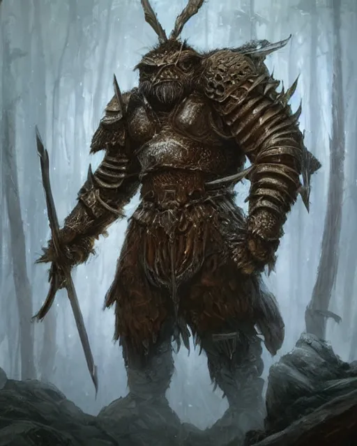 Image similar to Huge Bugbear warrior in armor, portrait, woodlands, magic the gathering artwork, D&D, fantasy, cinematic lighting, centered, symmetrical, highly detailed, digital painting, artstation, concept art, smooth, sharp focus, illustration, volumetric lighting, epic Composition, 8k, art by Akihiko Yoshida and Greg Rutkowski and Craig Mullins, oil painting, cgsociety