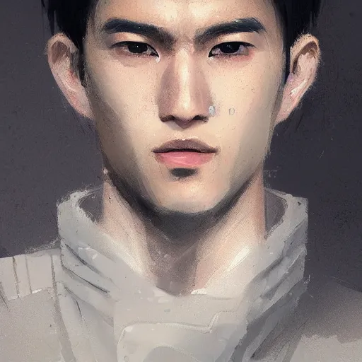 Prompt: Portrait of a man by Greg Rutkowski, he is about 20 years old, japanese, short black hair with bangs, young, manly, attractive, slim, he is wearing futuristic military fatigues, highly detailed portrait, scifi, digital painting, artstation, concept art, smooth, sharp foccus ilustration, Artstation HQ