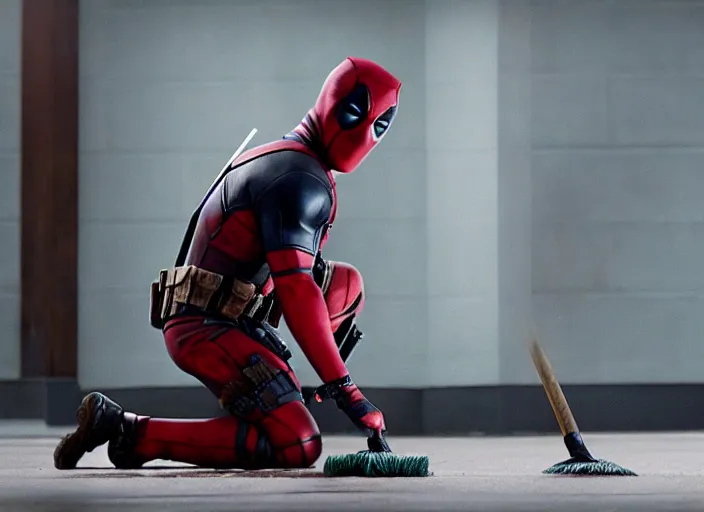 Image similar to film still of Deadpool works as a janitor in the new Deadpool movie, 4k