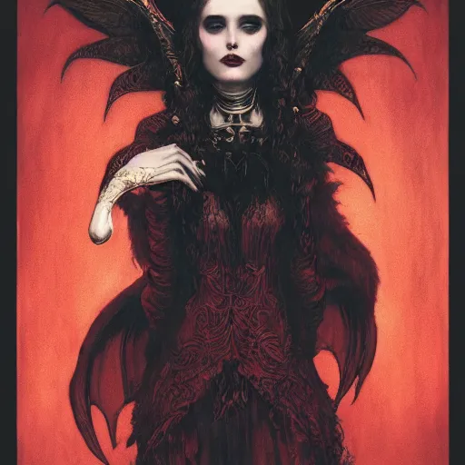 Prompt: gustave dore beautiful desirable vampire girl with ivory skull wings with some crimson, black background, beautifully lit, hyperdetailed, lighting, featured on artstation, by james jean, moebius, cory loftis, craig mullins, rutkowski, mucha klimt and tom bagshaw, 4 k, micro details