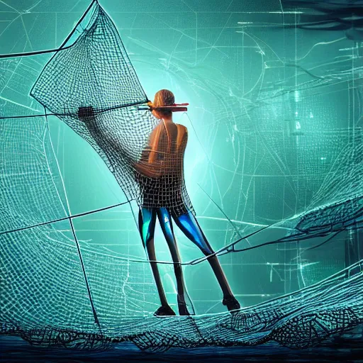 Prompt: Fishing net in cyberspace, highly detailed, dreamlike, digital painting, illustration, smooth, sharp focus, Android Netrunner