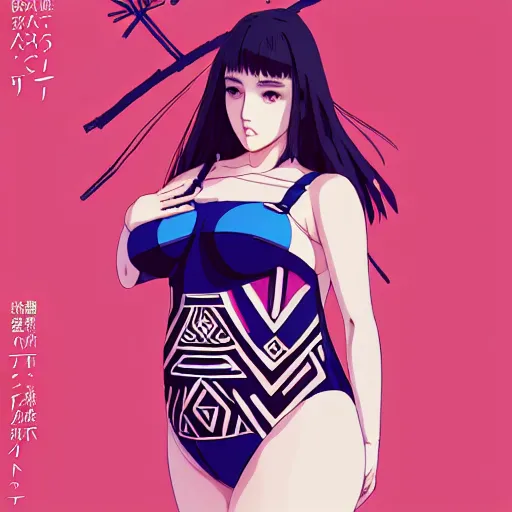 Image similar to a beautiful plus sized model japanese natalie portman, alluring plus sized model, wearing mayan leotard with overalls, street fashion hip hop style with mayan patterns, aztec street fashion, gapmoe yandere grimdark, trending on pixiv fanbox, painted by greg rutkowski makoto shinkai takashi takeuchi studio ghibli, akihiko yoshida