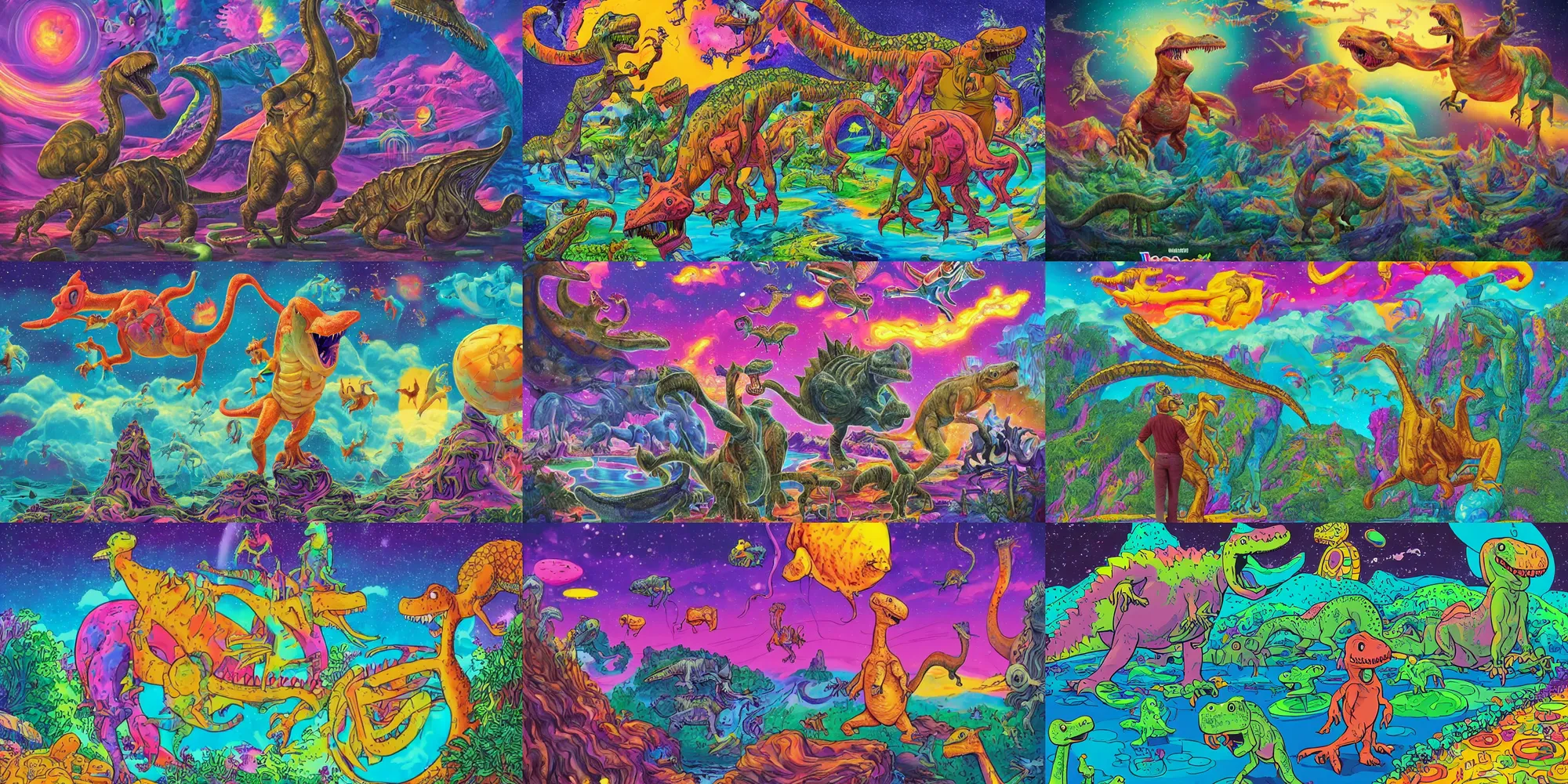 Prompt: michael garfield expectorates yet another gooey, vaguely playful confusion of backwardlooking dinosaur figure and ground with entirely too much autodidactic lisa frank and not nearly enough art school, hyperdetailed posthuman scifi landscape, extraneous ufos