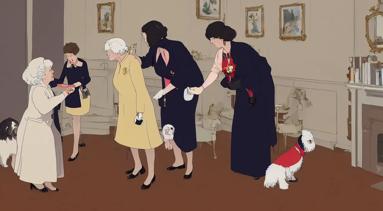 Image similar to queen of england placing a medal on the neck of a cream - colored havanese dog, england, 1 9 0 0, tartakovsky, atey ghailan, goro fujita, studio ghibli, rim light, happy, warm lighting, clear focus, very coherent