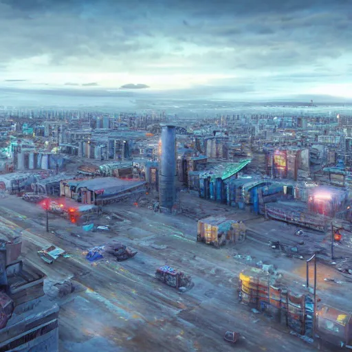 Image similar to norilsk city cityscape, environmental concept art, rendered in 3 d, unreal engine, cyberpunk