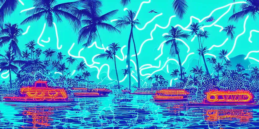 Prompt: glowing turquoise waves off the coast of Maui. Boats in the harbor. Macaw parrots flying above jungle trees. neon sign buildings with telephone lines, dramatic lighting style of Laurie Greasley and Satoshi Kon, symmetric lights and smoke, psychedelic effects, glowing particles, fractal neon rain.