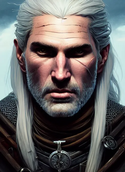 Image similar to Highly detailed portrait of Geralt of Rivia, Stephen Bliss, unreal engine, fantasy art by Greg Rutkowski, Loish, Rhads, ferdinand knab, Makoto Shinkai and Lois van baarle, ilya kuvshinov, rossdraws, Tom Bagshaw, alphonse mucha, global illumination, radiant light, detailed and intricate environment