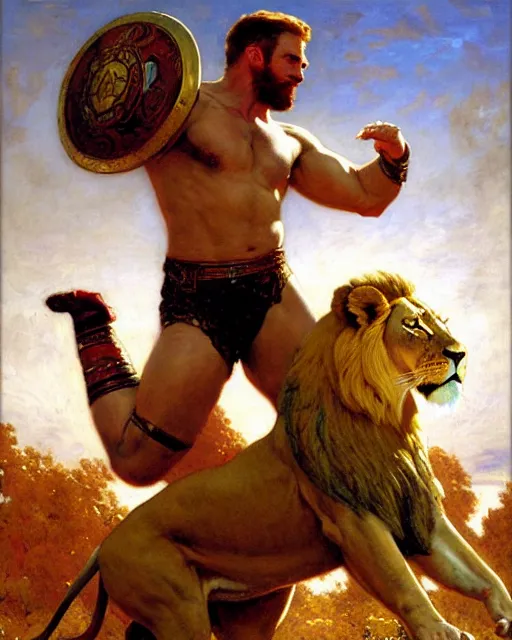 Image similar to handsome gladiator chris evans wrestling a lion, painting by gaston bussiere, craig mullins, j. c. leyendecker