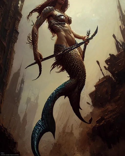 Image similar to a fierce mermaid warrior, fantasy character portrait, ultra realistic, concept art, intricate details, highly detailed by greg rutkowski, gaston bussiere, craig mullins, simon bisley