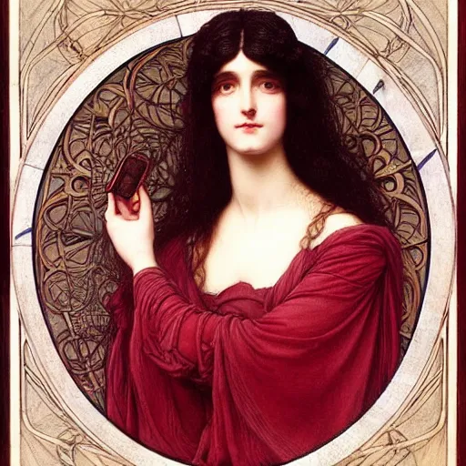 Prompt: Symmetric Pre-Raphaelite painting of a beautiful woman with dark hair in a silk dark red dress, surrounded by a halo frame of dark flowers and a highly detailed mathematical drawings of neural networks and geometry by Doré and Mucha, by John William Waterhouse, Pre-Raphaelite painting