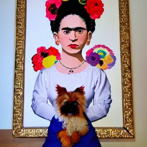 Prompt: a cream colored havanese dog dressed as frida kahlo, portrait by frida kahlo